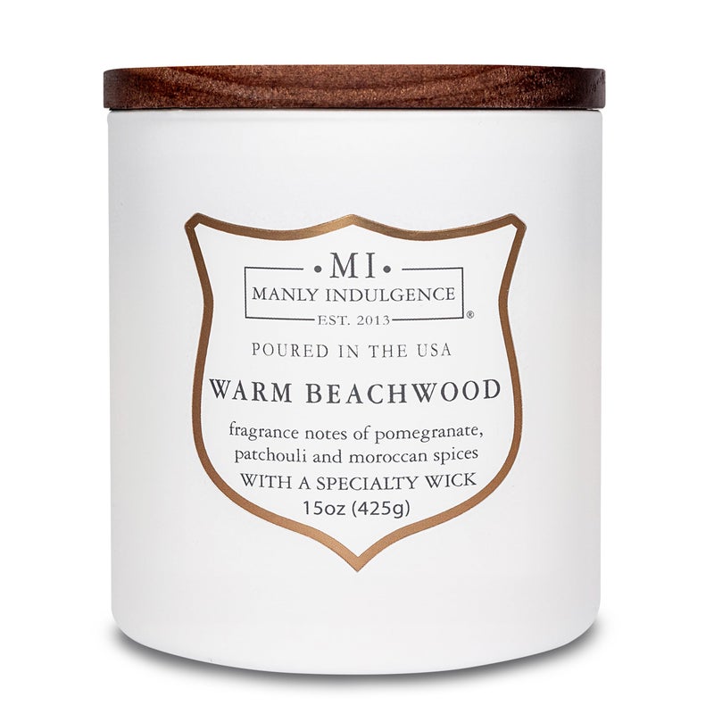 Manly Indulgence Warm Beachwood Scented Candles for Men, 15 oz Wooden Wick, Premium Soy Blend Wax, 60H Burn, Candles for Home Scented - Made in The USA - Image 1